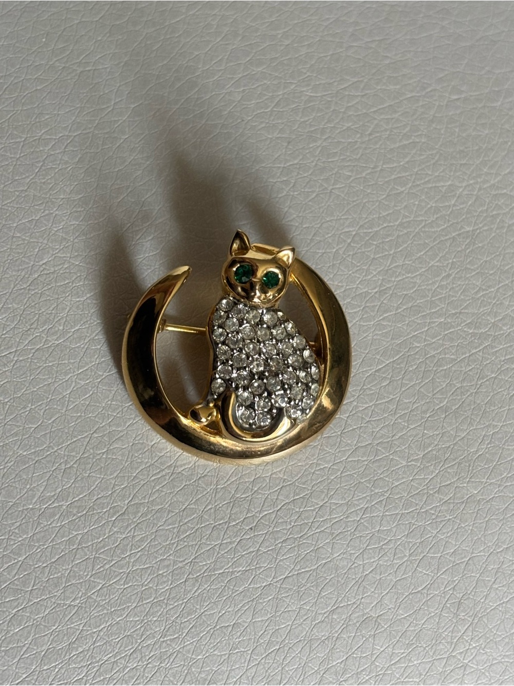 Vintage Beatrix Gold Tone Cat on Crescent Moon Brooch Rhinestone Green Eyes Pin